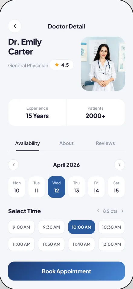 Doctor consultation mobile app screen